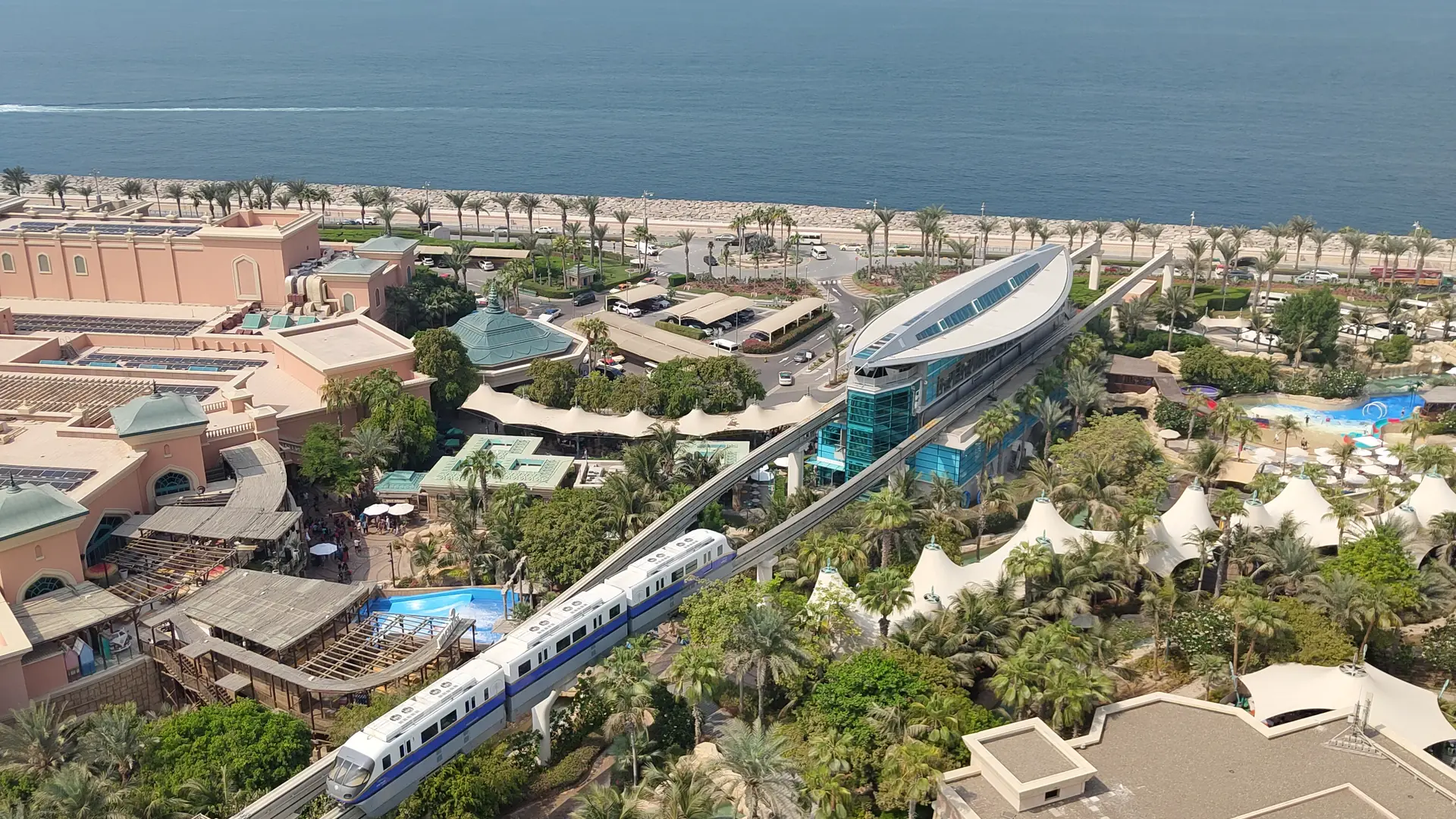 Aerial view of the Palm Monorail, Aquaventure waterpark and gardens at Atlantis, The Palm